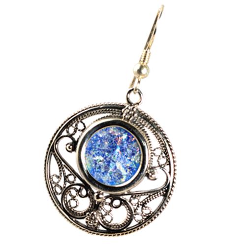 Silver Roman Glass Circle Filigree Earrings