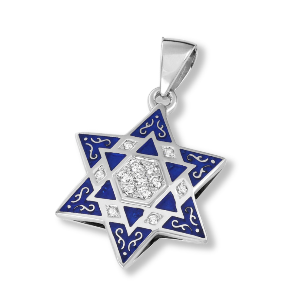 Star of David - 14K White Gold Diamond Multi - Pendant with Blue Enamel