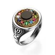 Hoshen Menorah Ring with Onyx Stone in Silver and Gold