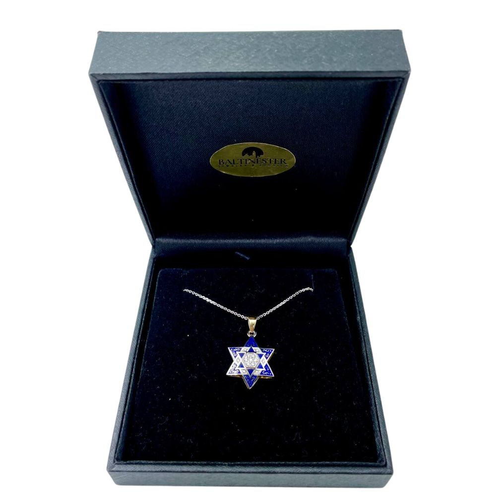Star of David - 14K White Gold Diamond Multi - Pendant with Blue Enamel