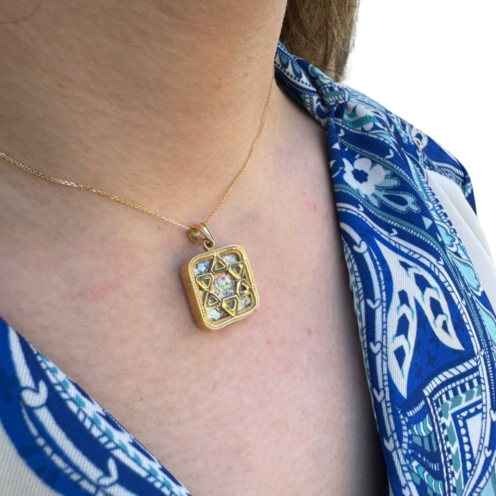 14k Gold Roman Glass Star of David Square Pendant