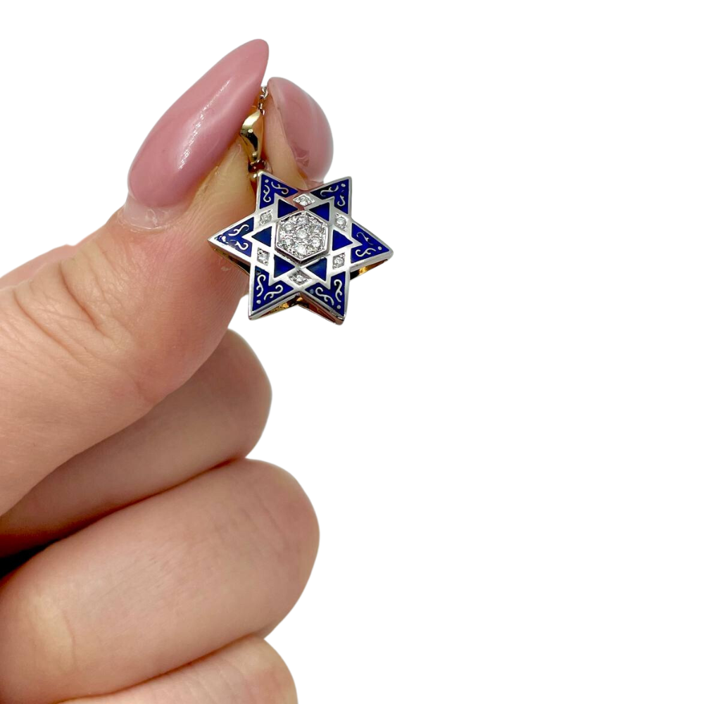 Star of David - 14K White Gold Diamond Multi - Pendant with Blue Enamel