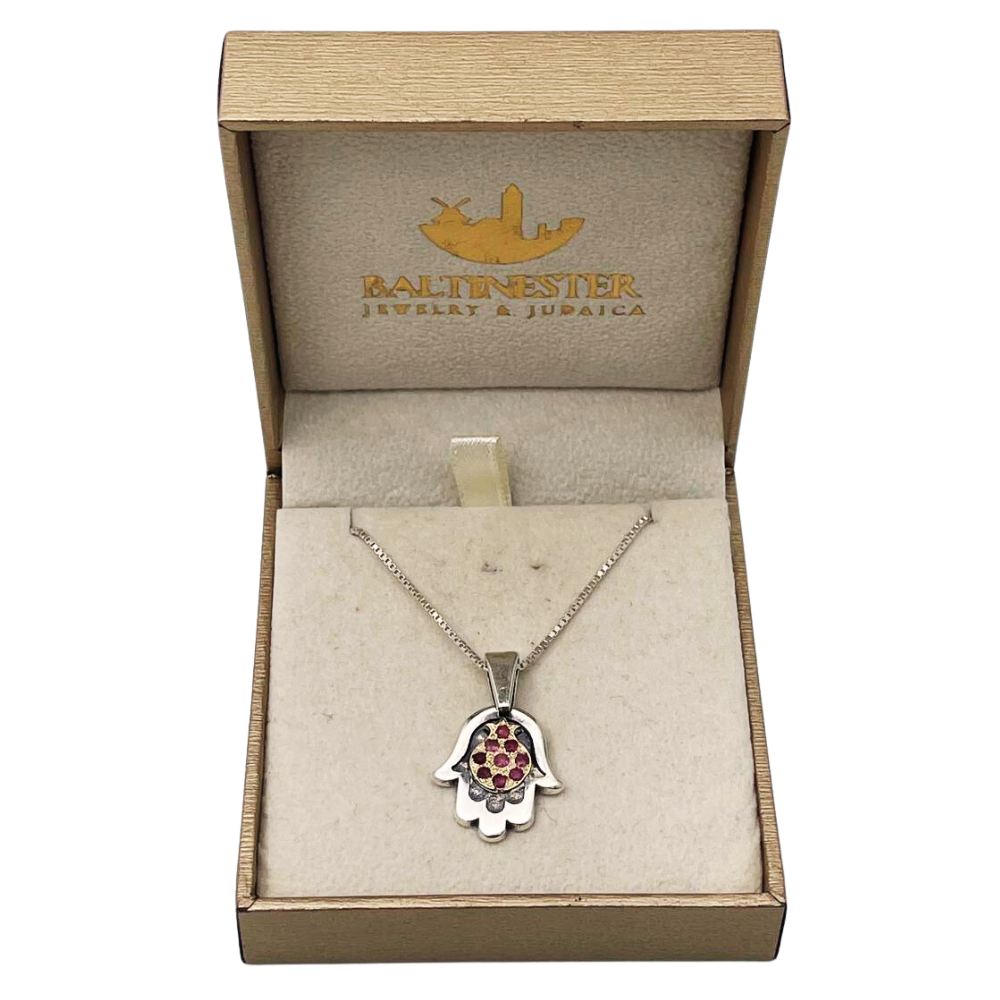 Hamsa with Pomegranate Necklace in Silver & Gold with Rubies