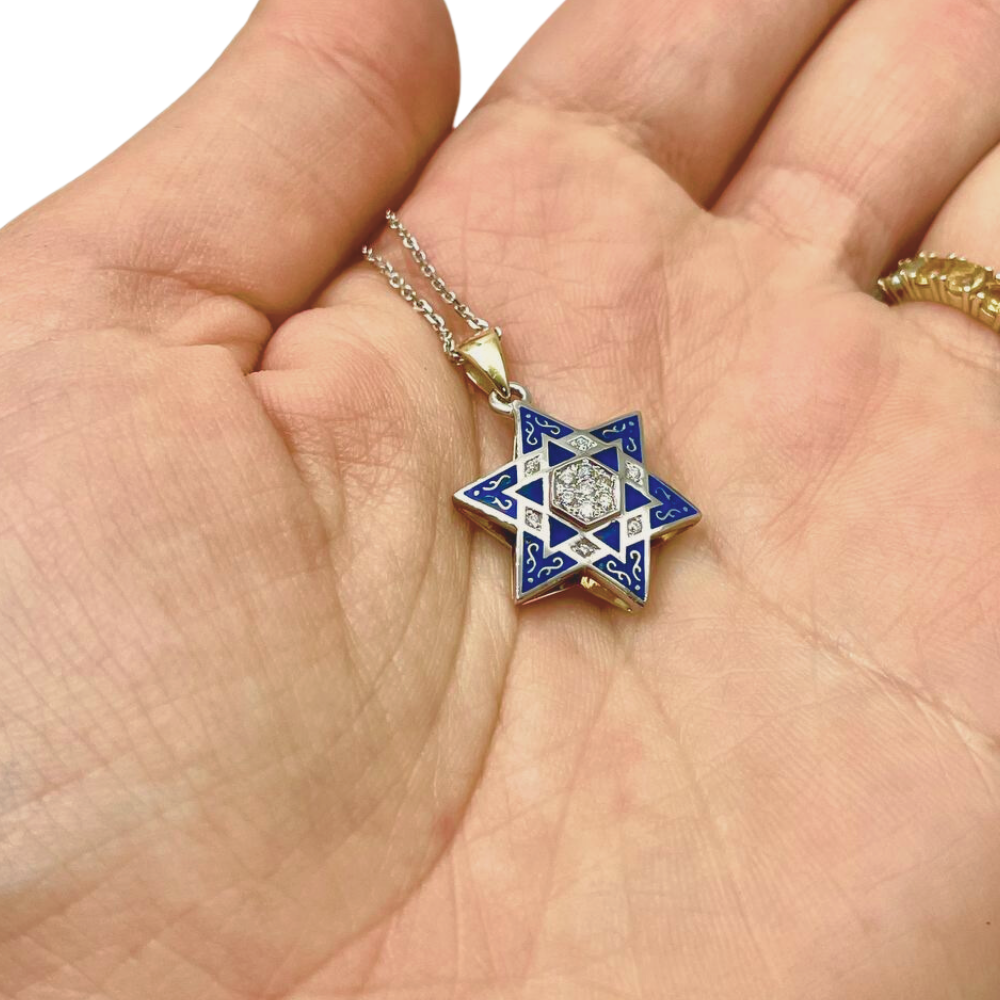 Star of David - 14K White Gold Diamond Multi - Pendant with Blue Enamel