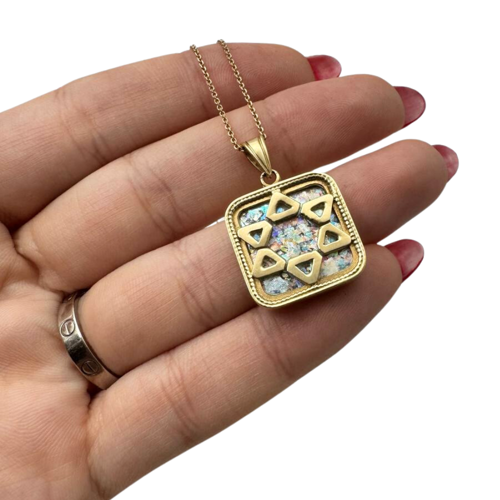 14k Gold Roman Glass Star of David Square Pendant