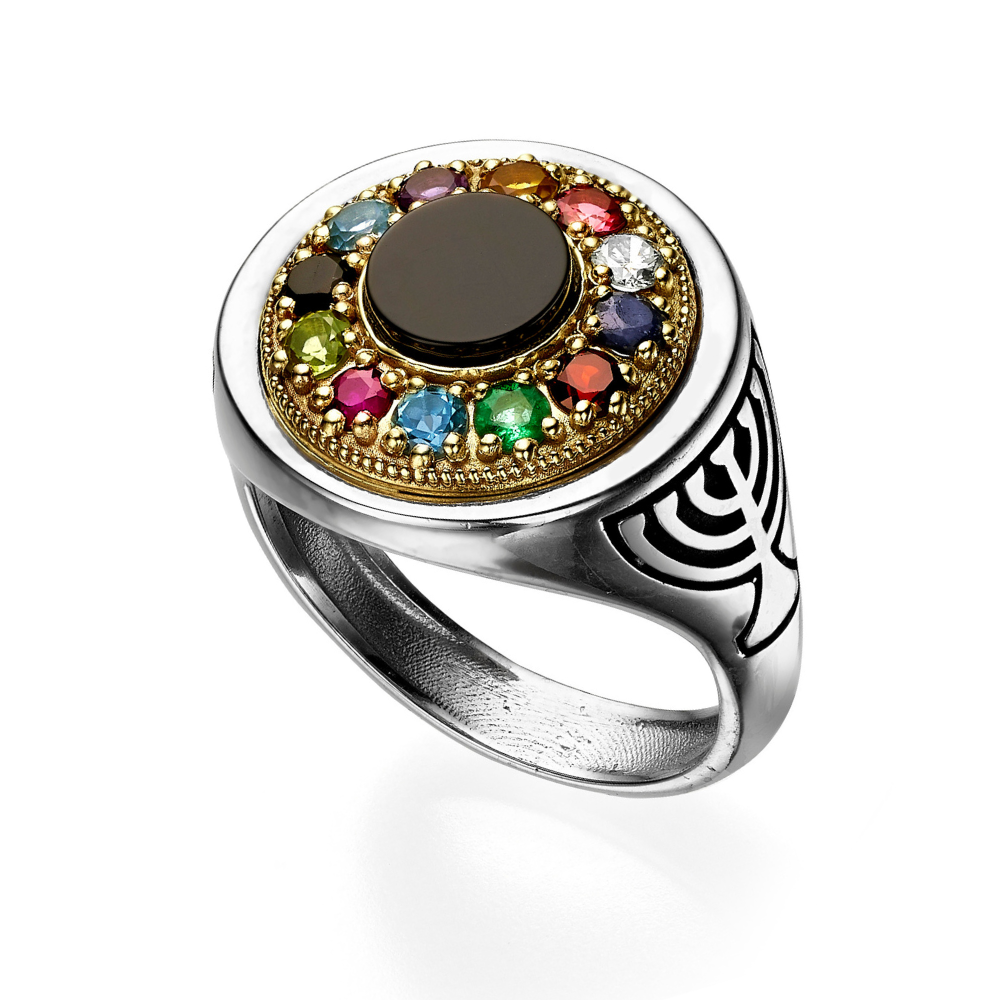 Hoshen Menorah Ring with Onyx Stone in Silver and Gold
