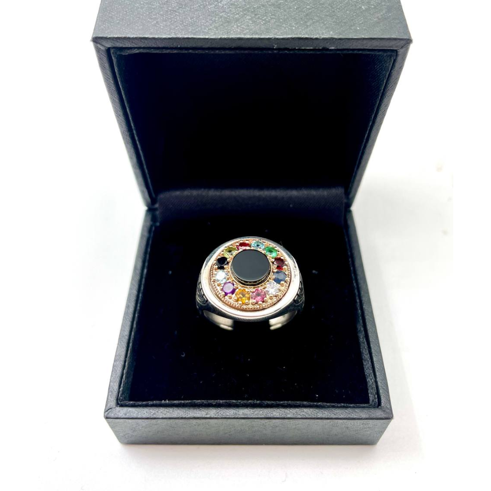 Hoshen Menorah Ring with Onyx Stone in Silver and Gold