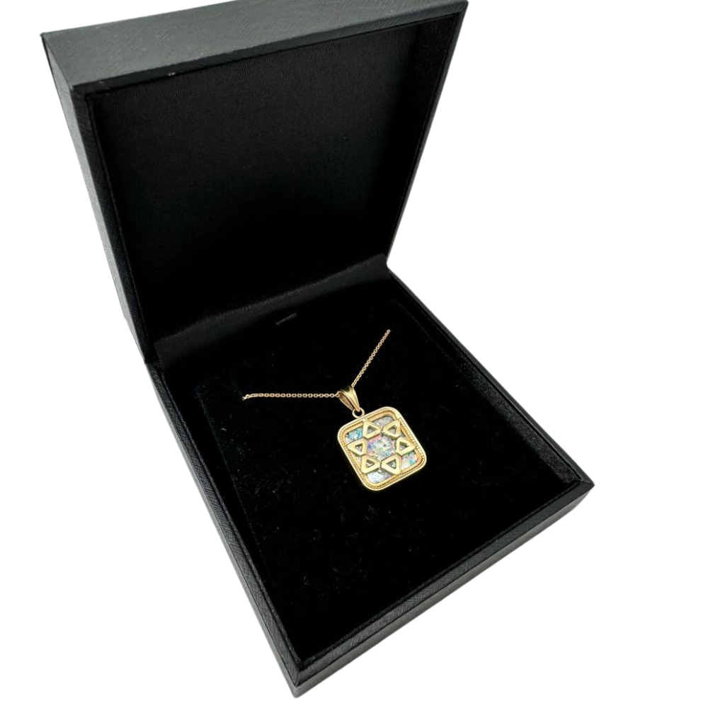 14k Gold Roman Glass Star of David Square Pendant
