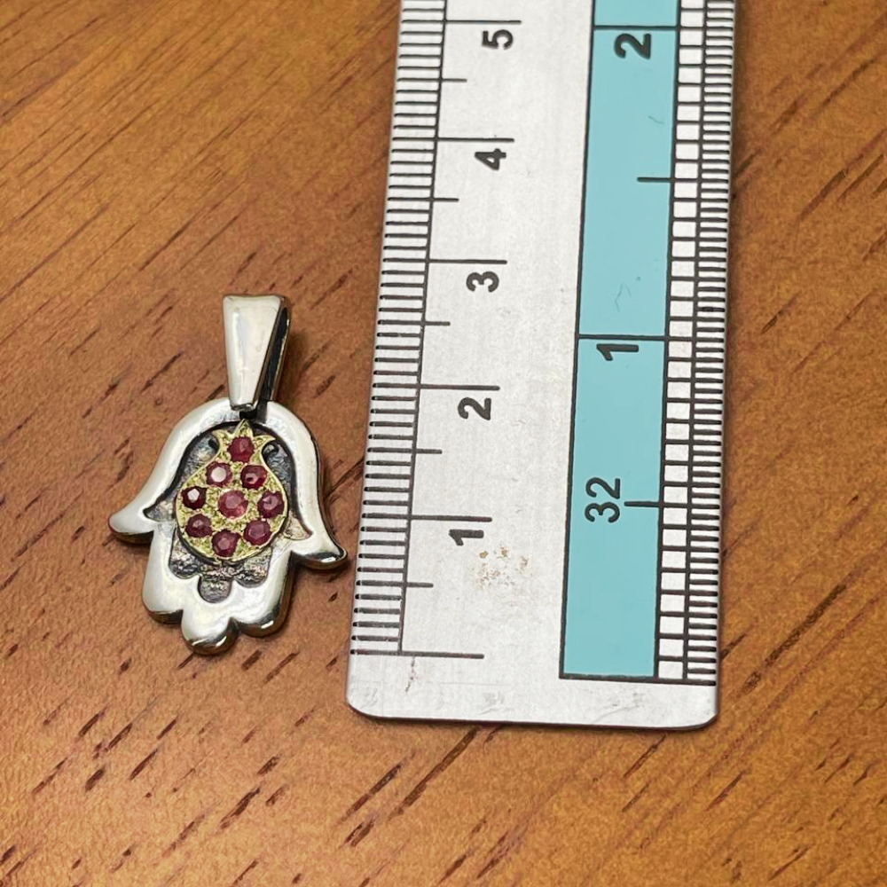 Hamsa with Pomegranate Necklace in Silver & Gold with Rubies