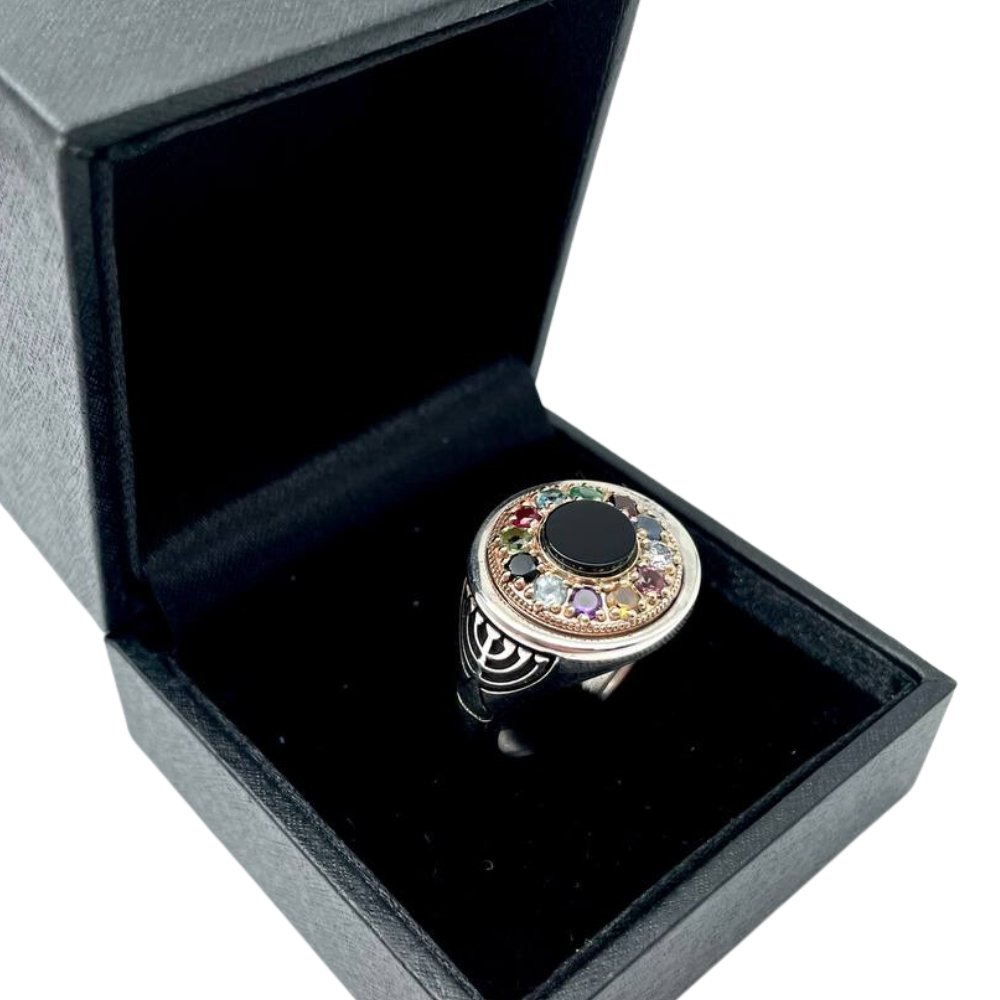 Hoshen Menorah Ring with Onyx Stone in Silver and Gold