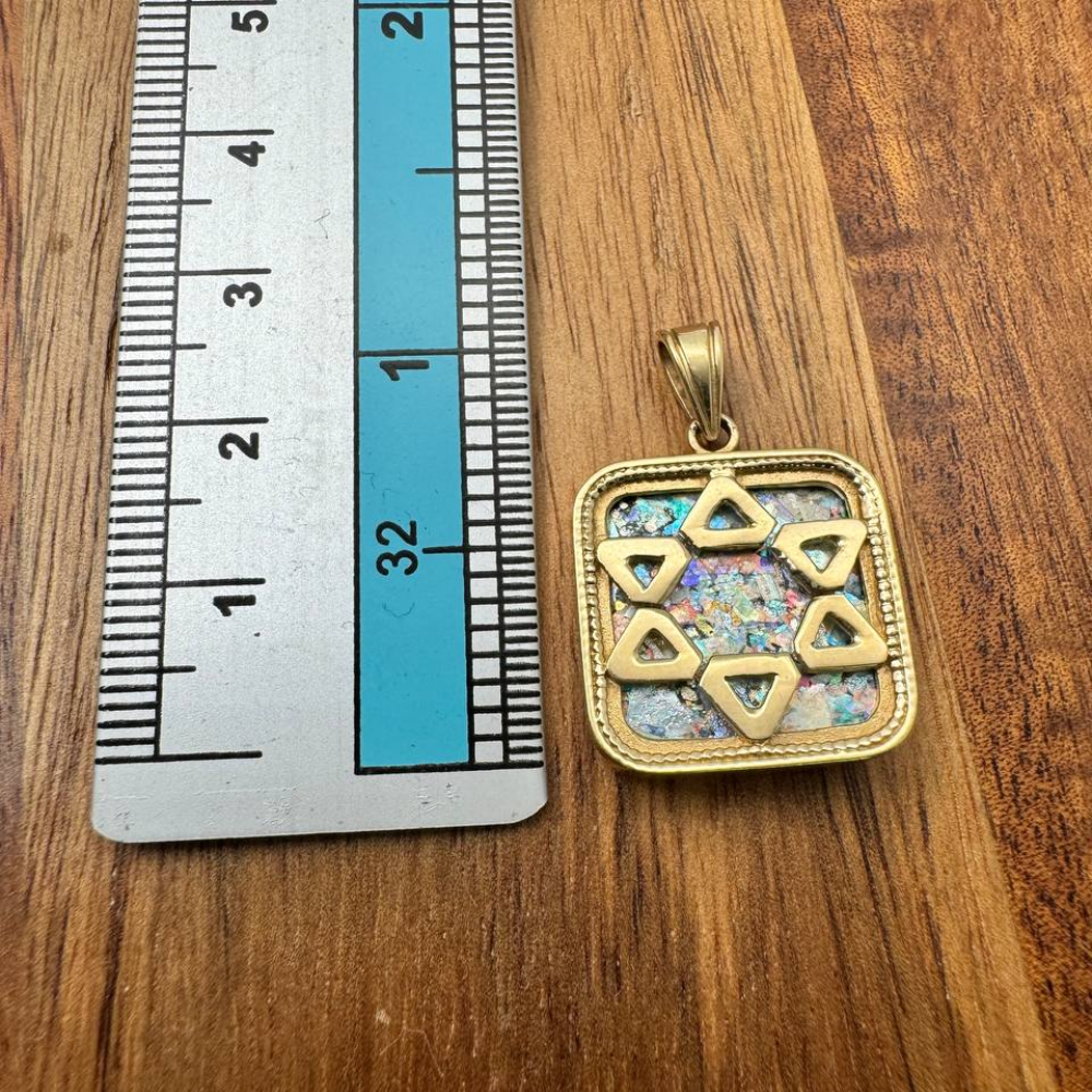 14k Gold Roman Glass Star of David Square Pendant