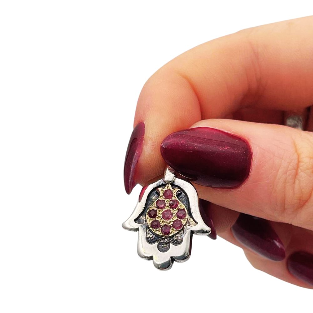 Hamsa with Pomegranate Necklace in Silver & Gold with Rubies