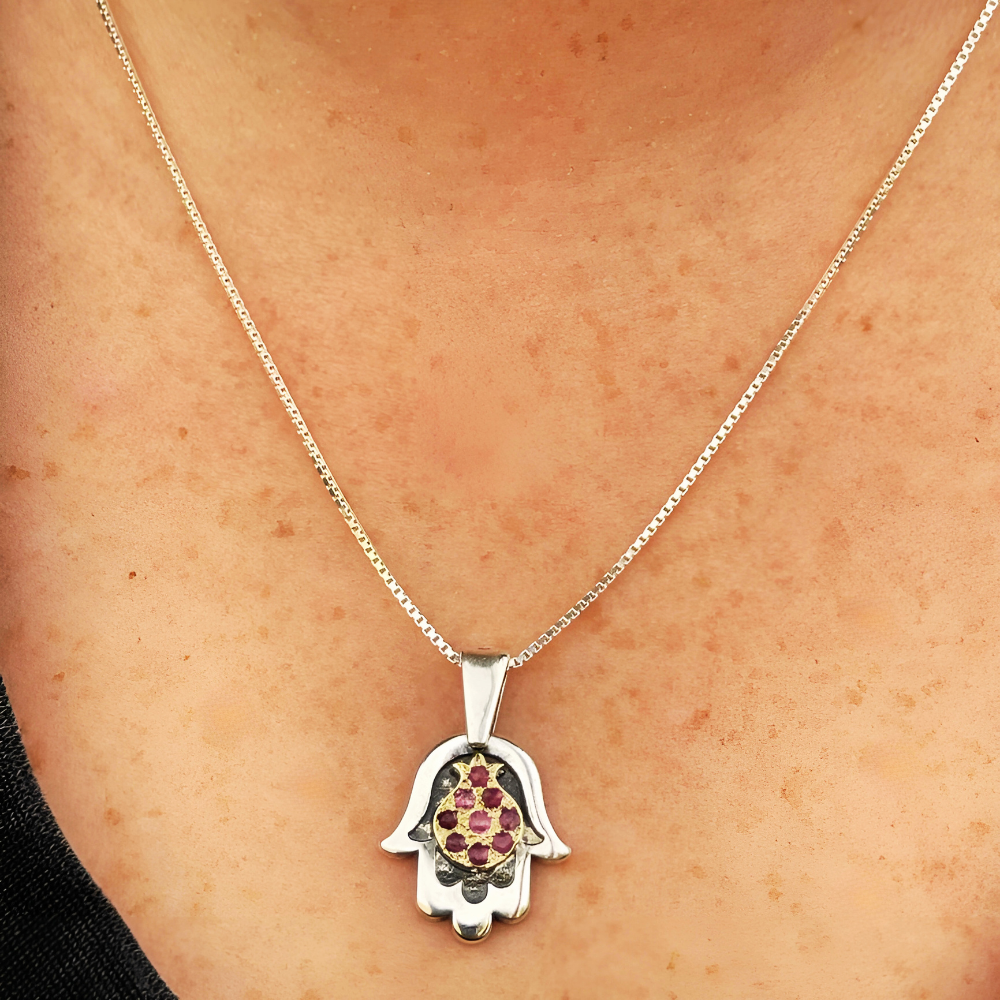Hamsa with Pomegranate Necklace in Silver & Gold with Rubies