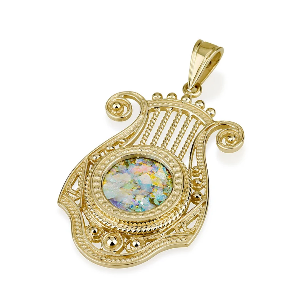 14k Gold Roman Glass Harp of David Pendant