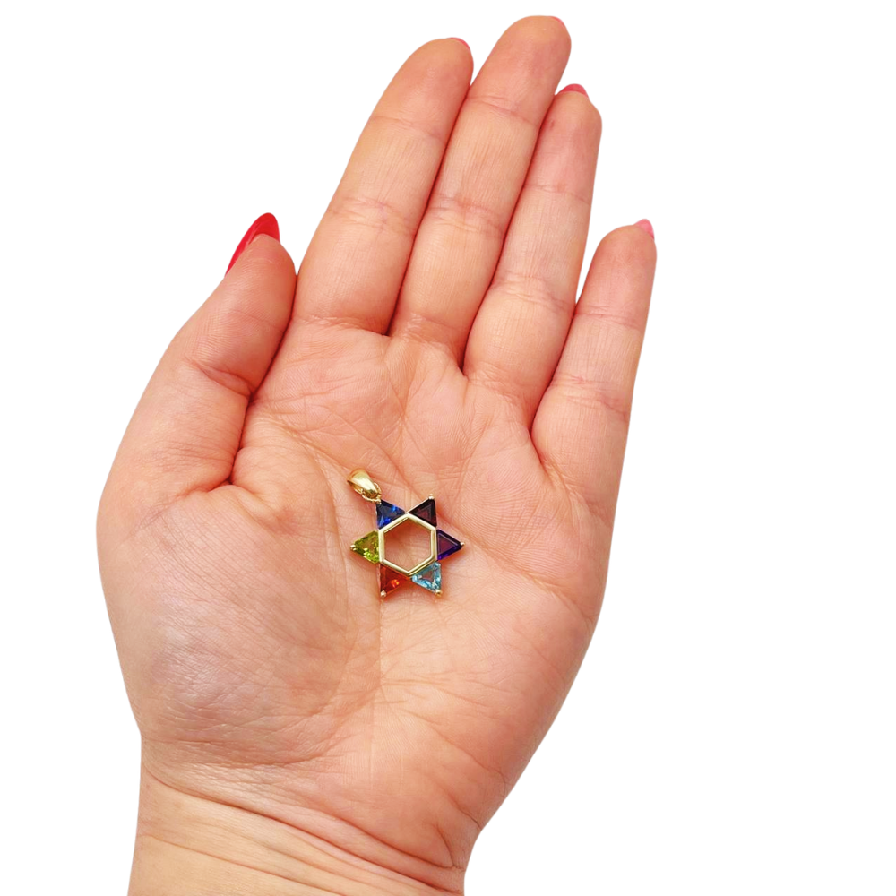 Colorful Gemstones Star of David Pendant in 14K Gold - 21 mm