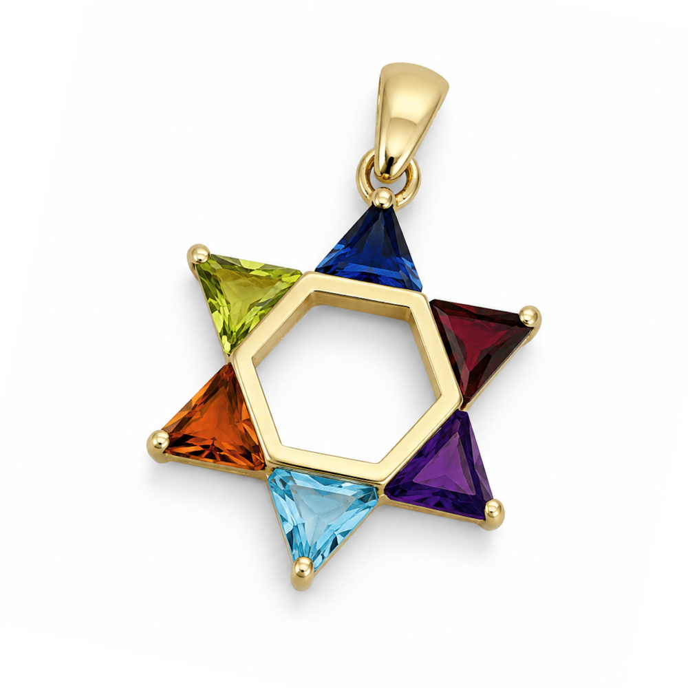 Colorful Gemstones Star of David Pendant in 14K Gold - 21 mm