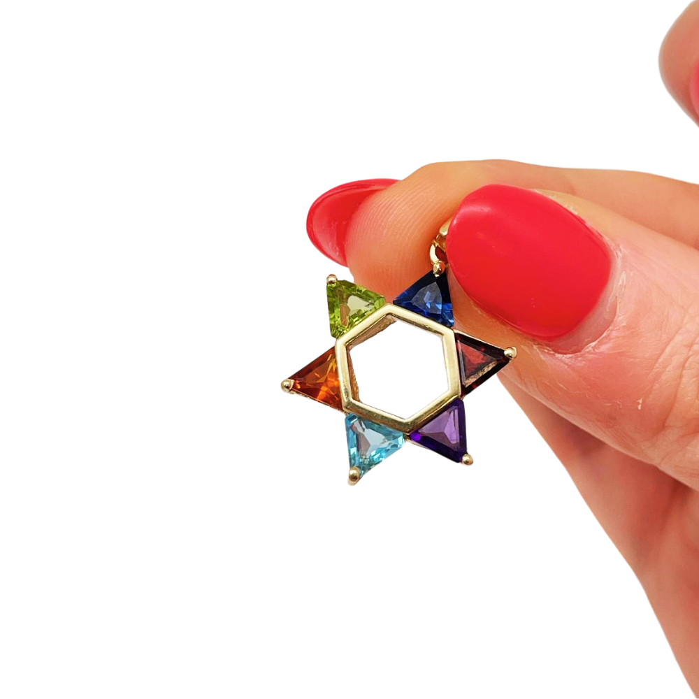 Colorful Gemstones Star of David Pendant in 14K Gold - 21 mm