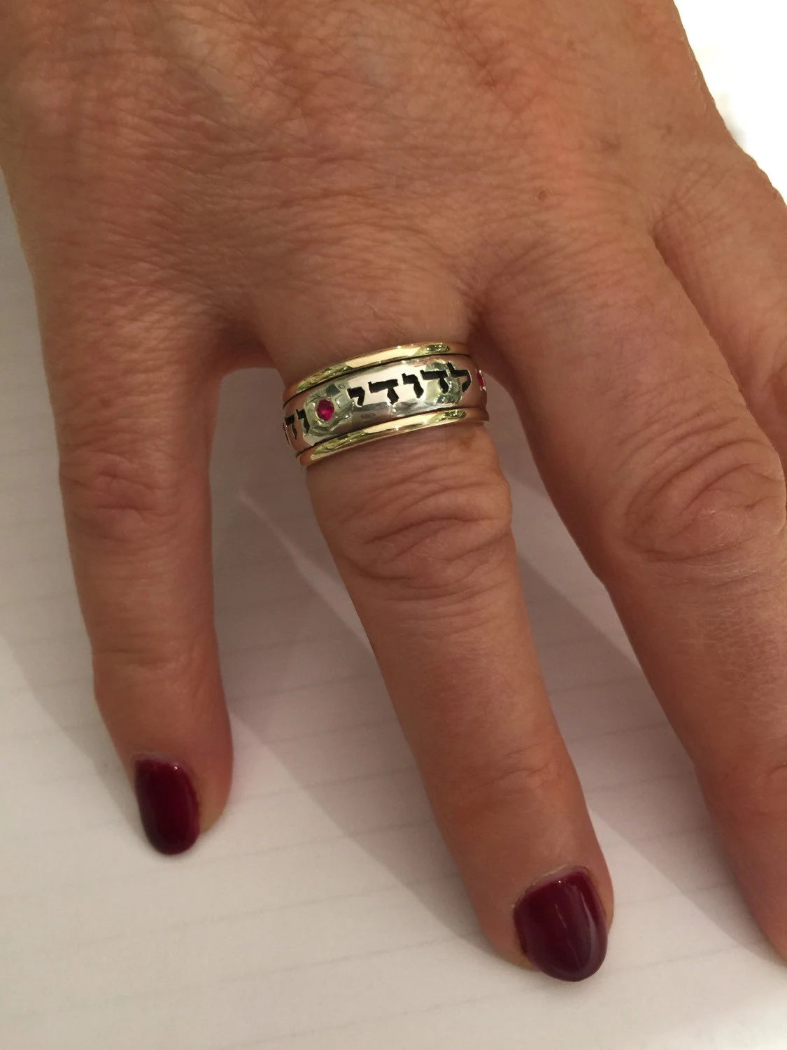 Silver and Gold Ruby Ani L'dodi Jewish Wedding Ring