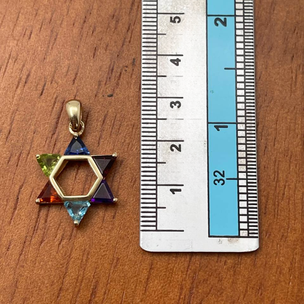 Colorful Gemstones Star of David Pendant in 14K Gold - 21 mm
