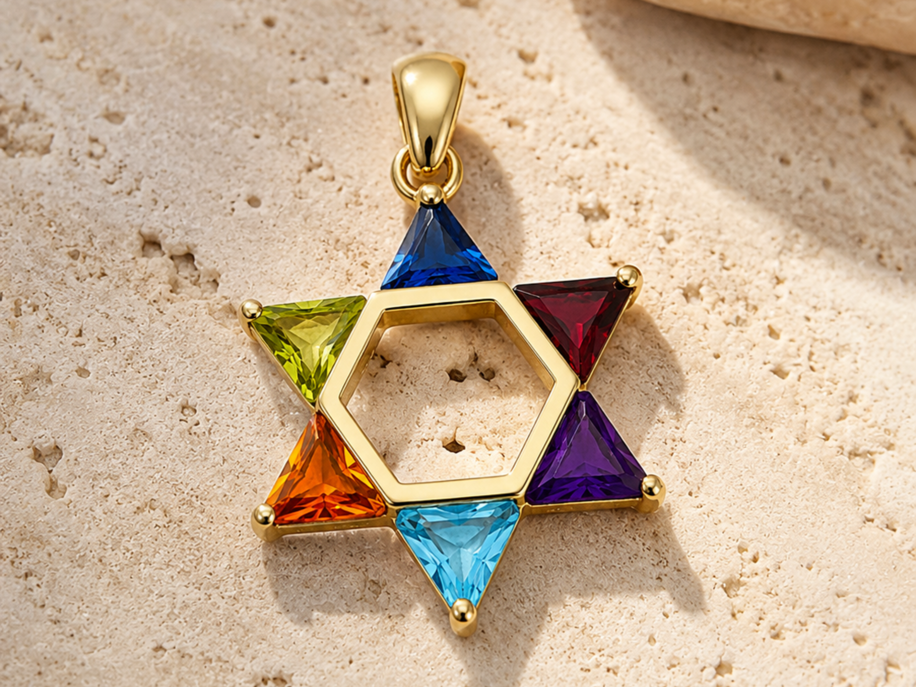Colorful Gemstones Star of David Pendant in 14K Gold - 21 mm