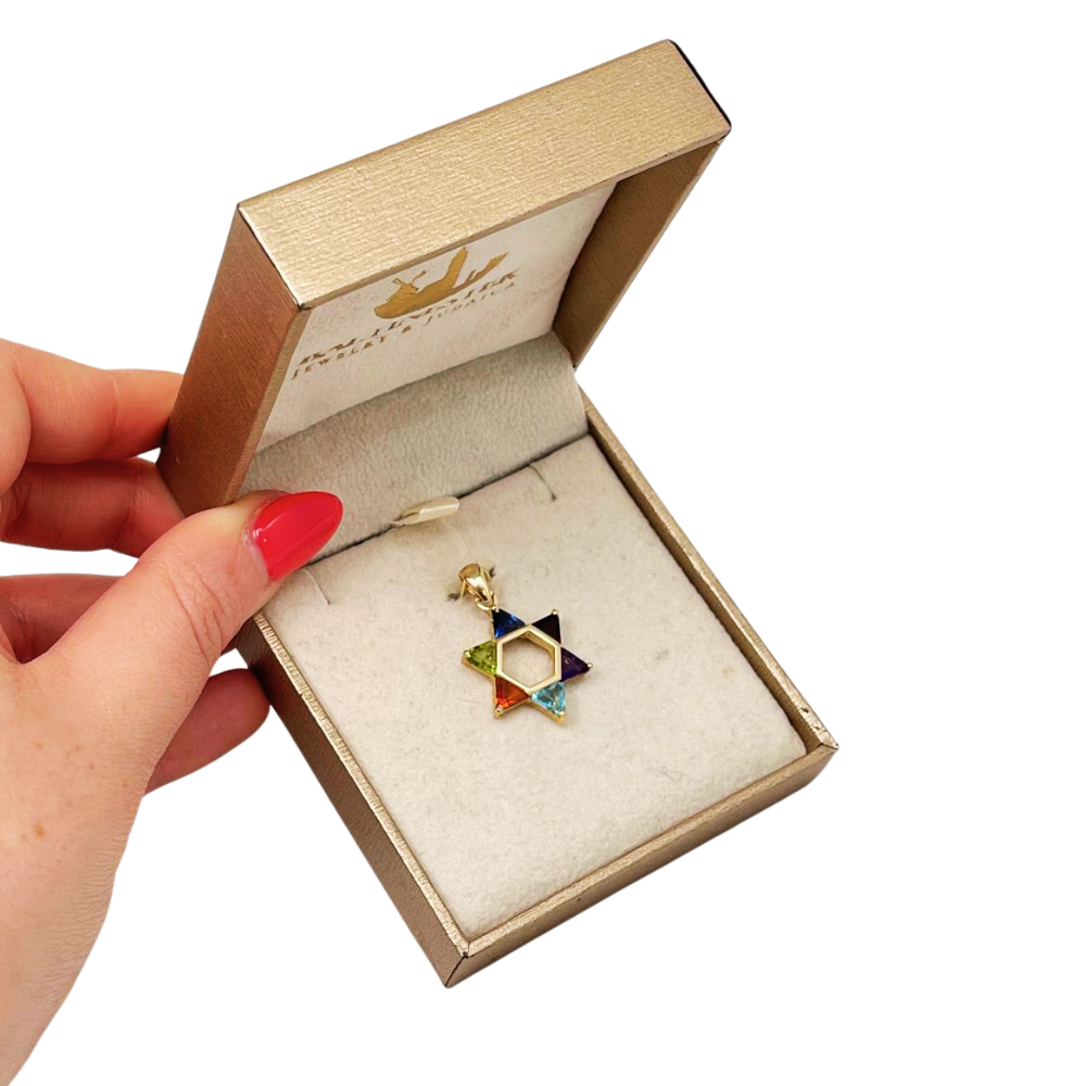 Colorful Gemstones Star of David Pendant in 14K Gold - 21 mm