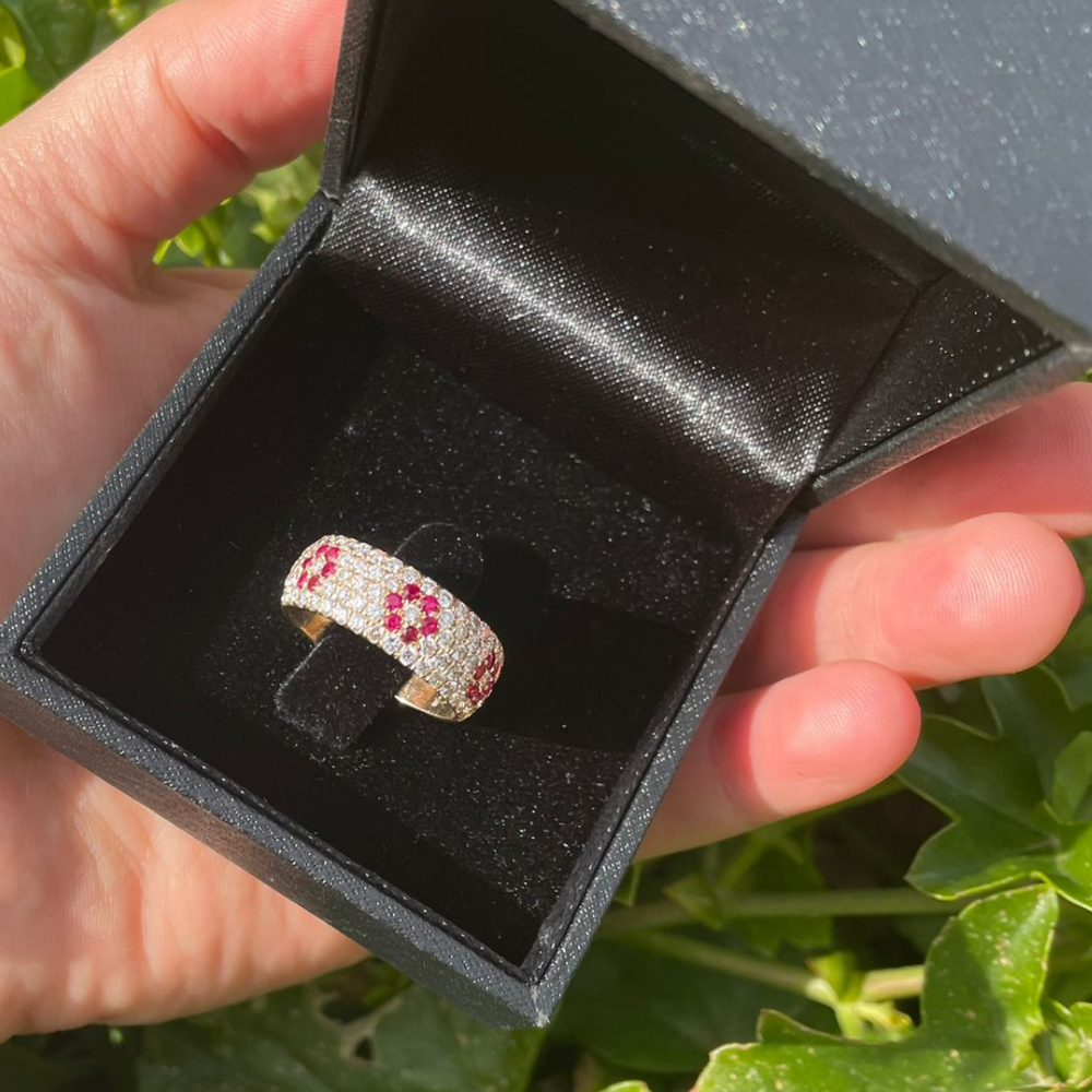 Ruby & Diamond Floral Wide Band in 14K Rose Gold