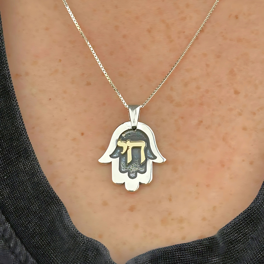 Hamsa with Chai Necklace in 925 Silver & 9K Gold
