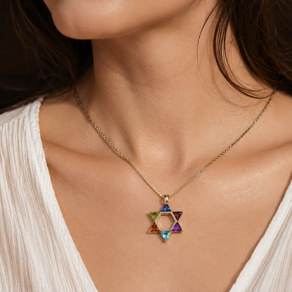 Colorful Gemstones Star of David Pendant in 14K Gold - 21 mm