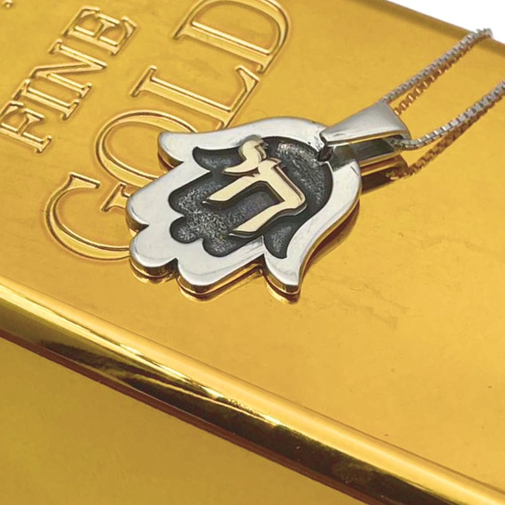 Hamsa with Chai Necklace in 925 Silver & 9K Gold