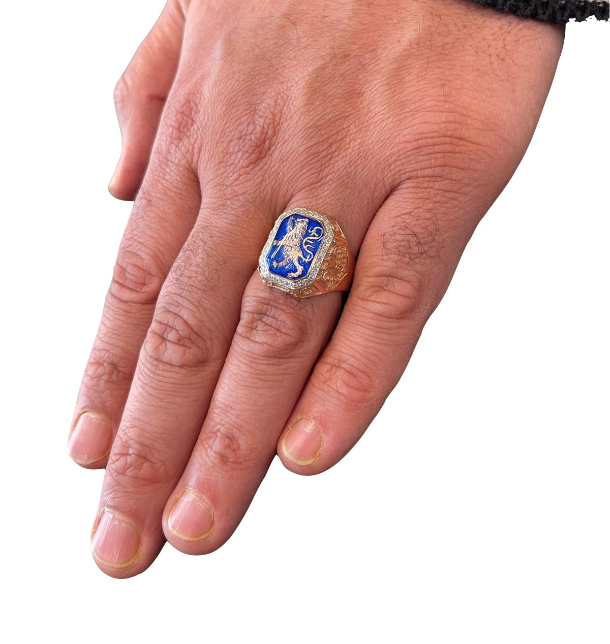 Lion of Judah RING - 14K Gold & Blue Enamel Men's Diamond Signet Ring