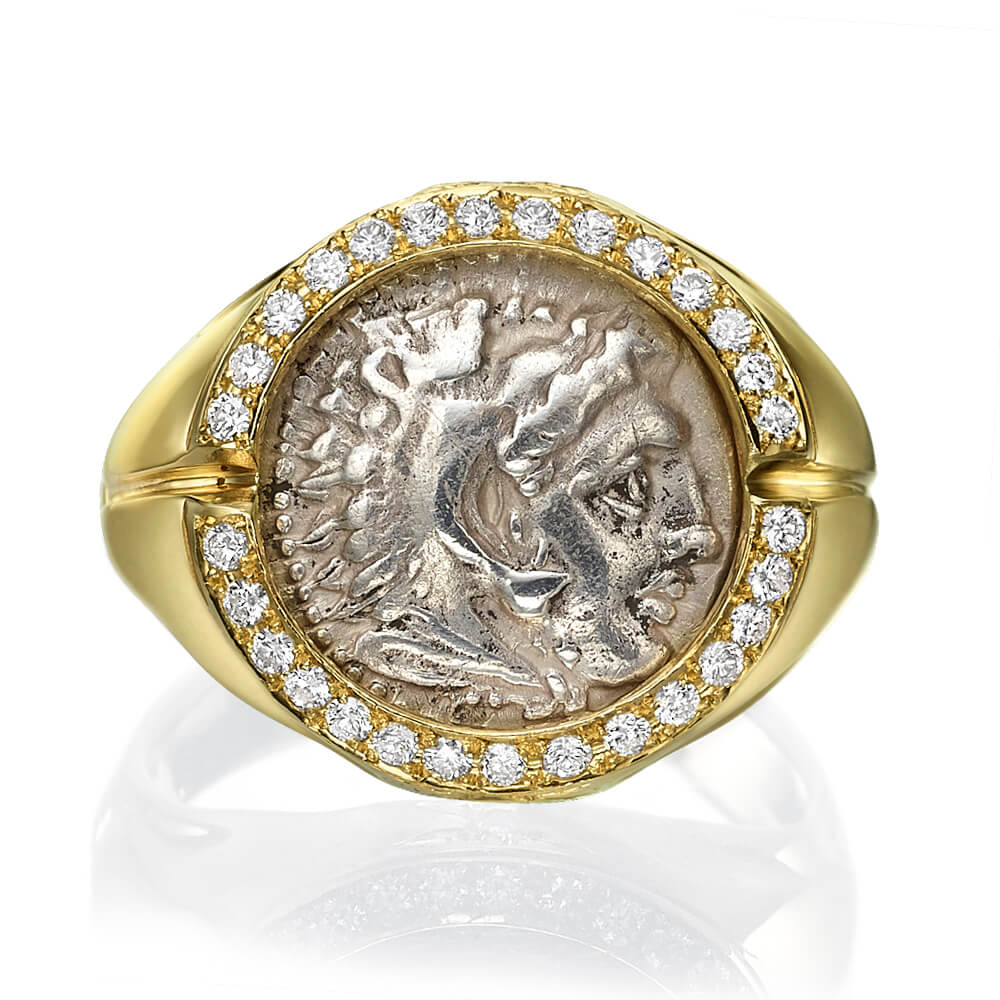 Alexander Coin 14K Gold and Diamond Signet Ring