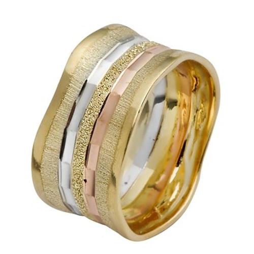 Tri-Color 14K Gold Stripes Wavy Wedding Ring