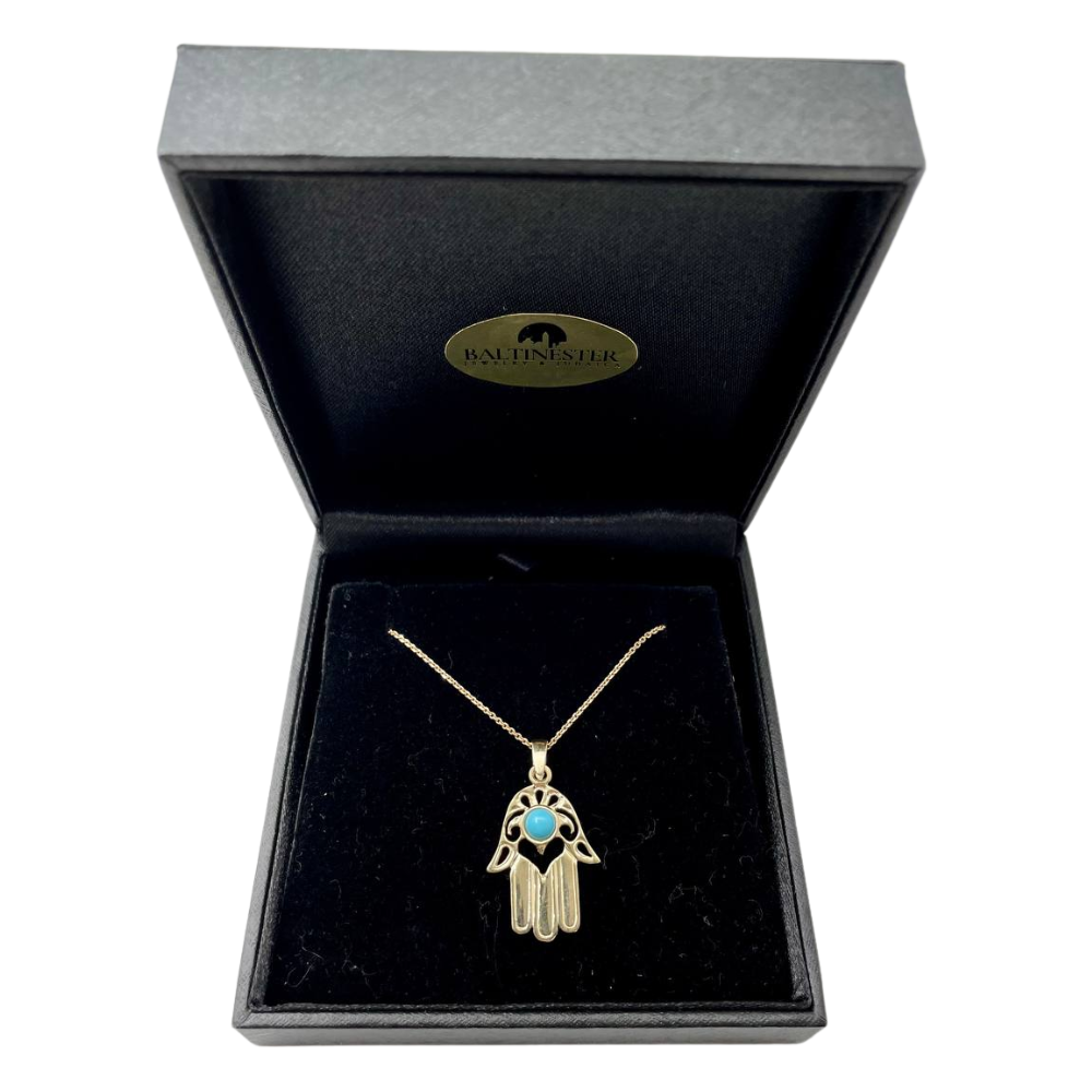 14k Gold Modern Turquoise Hamsa Pendant