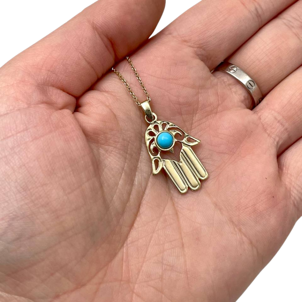 14k Gold Modern Turquoise Hamsa Pendant