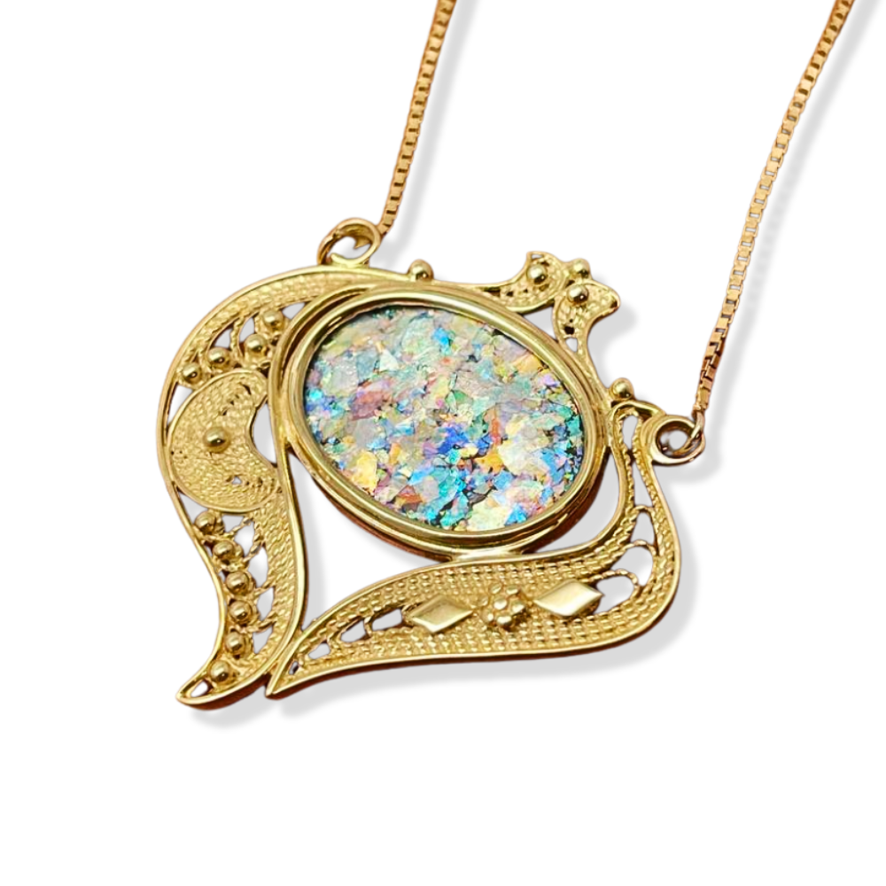 14k Gold Roman Glass Filigree Heart Necklace