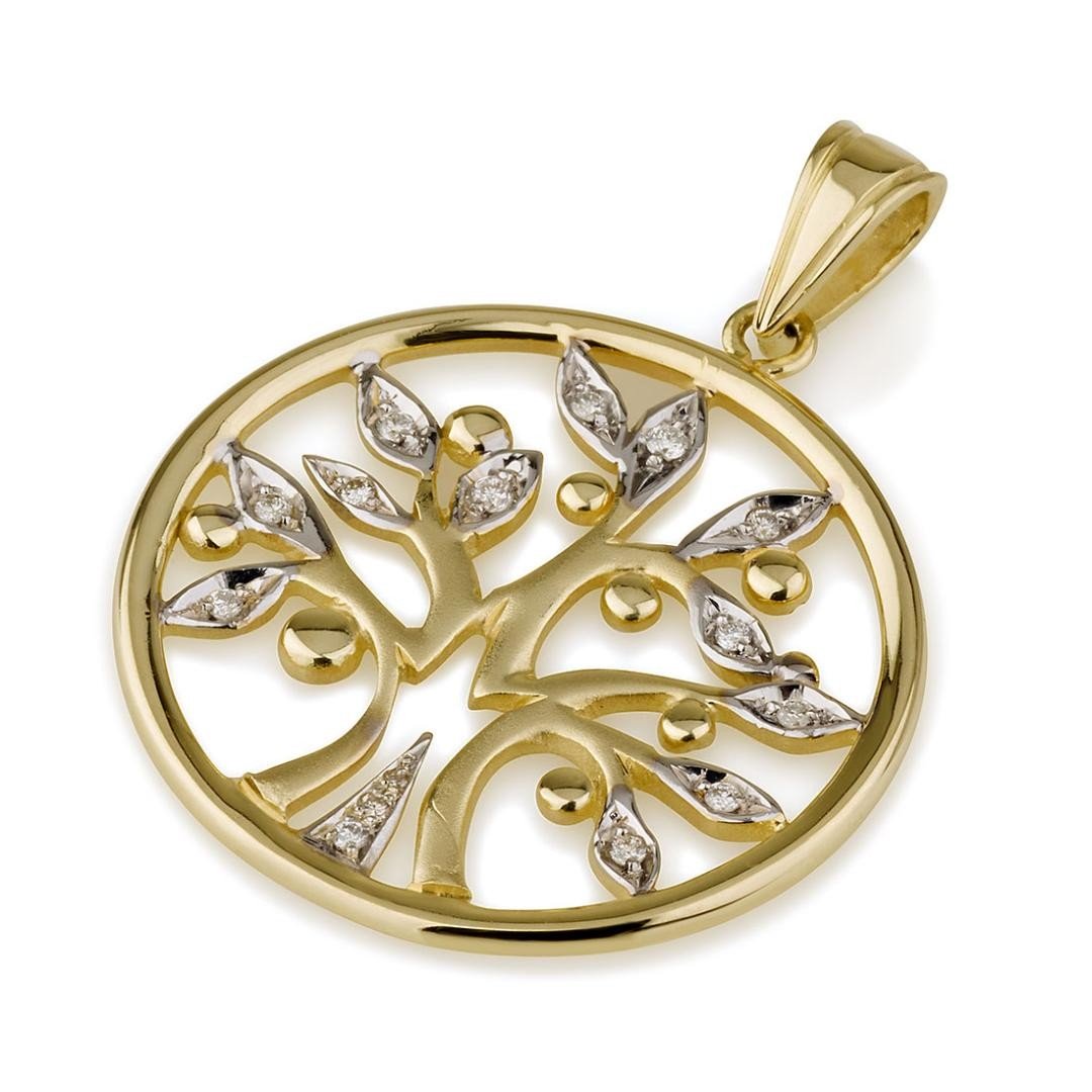 14K Yellow Gold Tree of Life Round Pendant with Diamonds