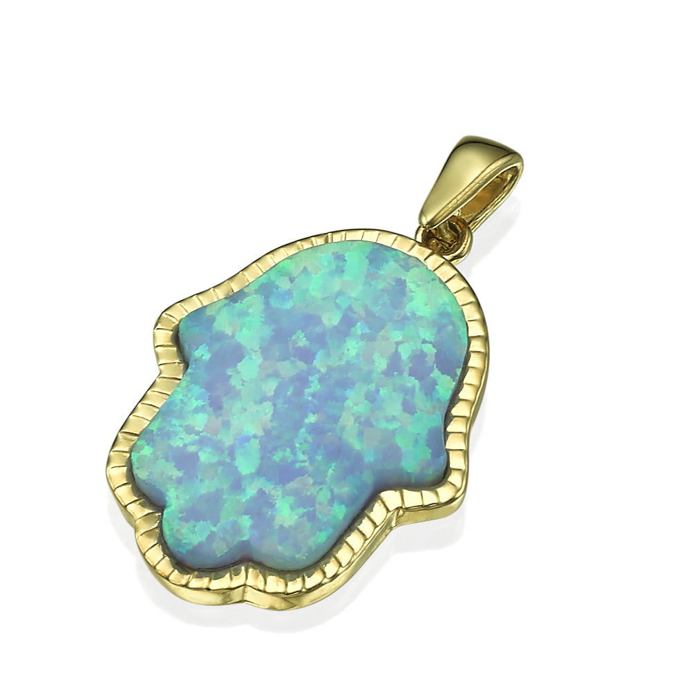 Blue Opal Hamsa Pendant in 14k Yellow Gold