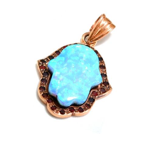 Hamsa Pendant 14k Rose Gold Opalite and Garnets