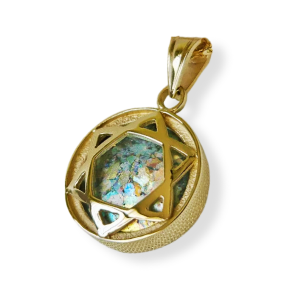 14k Gold Domed Roman Glass Star of David Pendant