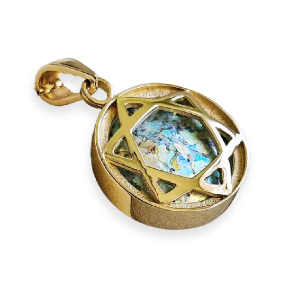 14k Gold Domed Roman Glass Star of David Pendant