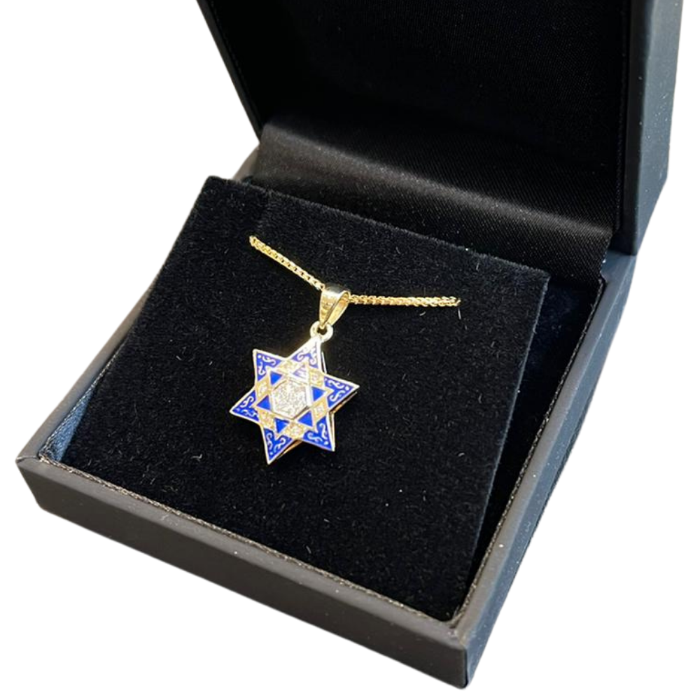 Star of David Pendant - 14K Yellow Gold Diamond Multi with Blue Enamel