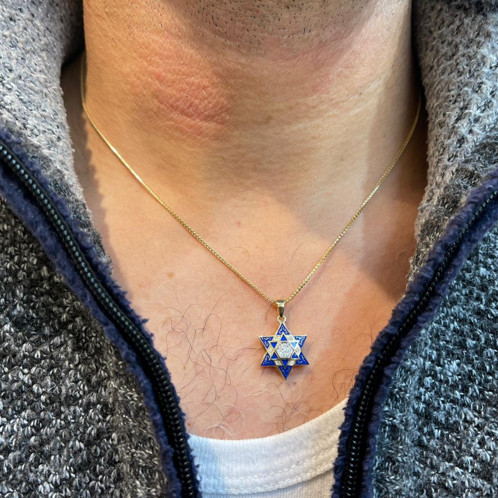 Star of David Pendant - 14K Yellow Gold Diamond Multi with Blue Enamel