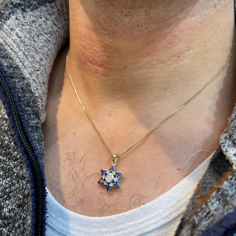 Star of David Pendant - 14K Yellow Gold Diamond Multi with Blue Enamel
