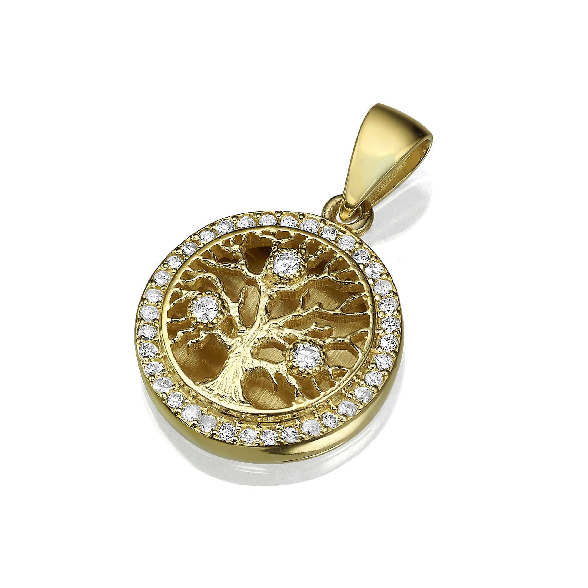 14K Yellow Gold Round Tree of Life Pendant With Diamonds (Small)