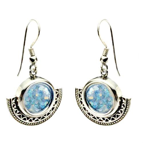 Sterling Silver Half Circle Roman Glass Earings