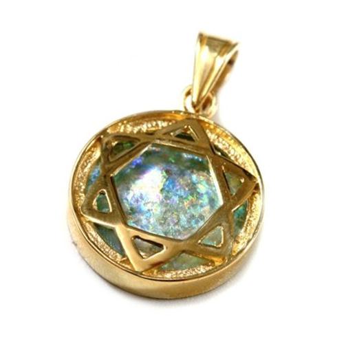 14k Gold Domed Roman Glass Star of David Pendant