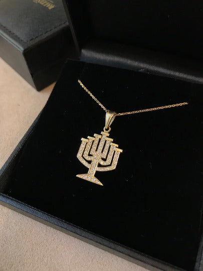 14k Gold Diamond Leveled Menorah Pendant