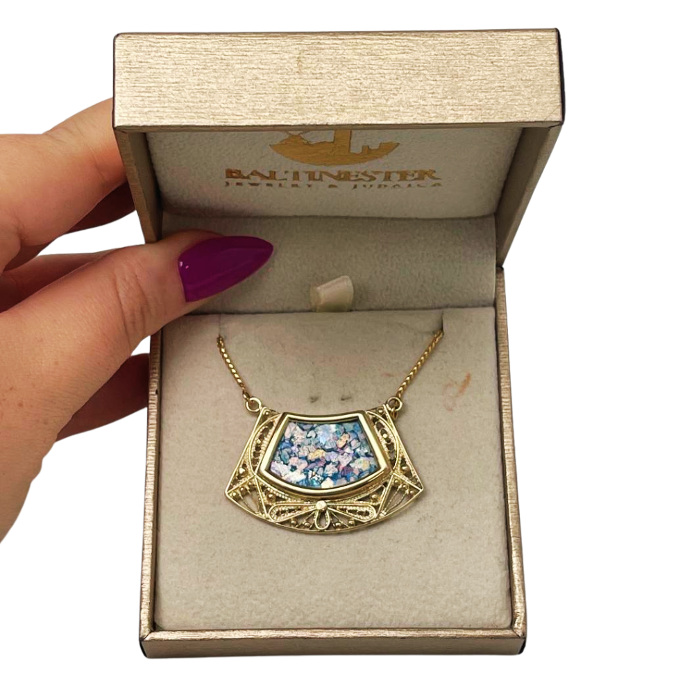 Roman Glass Necklace - 14k Gold Filigree Trapezoid Half Moon