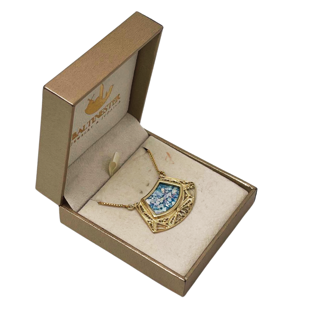 Roman Glass Necklace - 14k Gold Filigree Trapezoid Half Moon