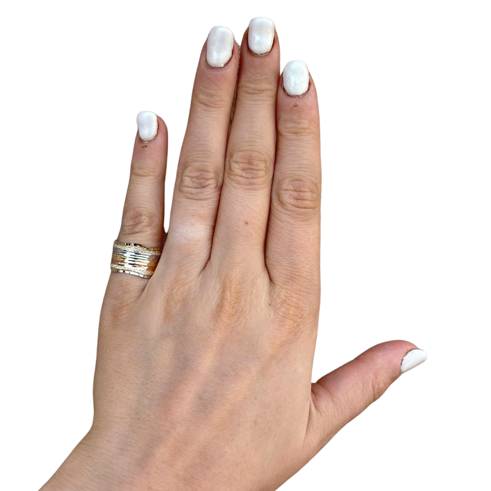 14k Gold Tricolor Textured Wide Wedding Ring